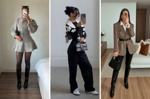 Trendy fall outfit inspiration featuring a grey wool mini dress with knee-high boots, an all-black casual chic jumpsuit with a striped sweater, and a classy belted plaid blazer outfit for autumn fashion.
