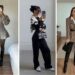 Trendy fall outfit inspiration featuring a grey wool mini dress with knee-high boots, an all-black casual chic jumpsuit with a striped sweater, and a classy belted plaid blazer outfit for autumn fashion.