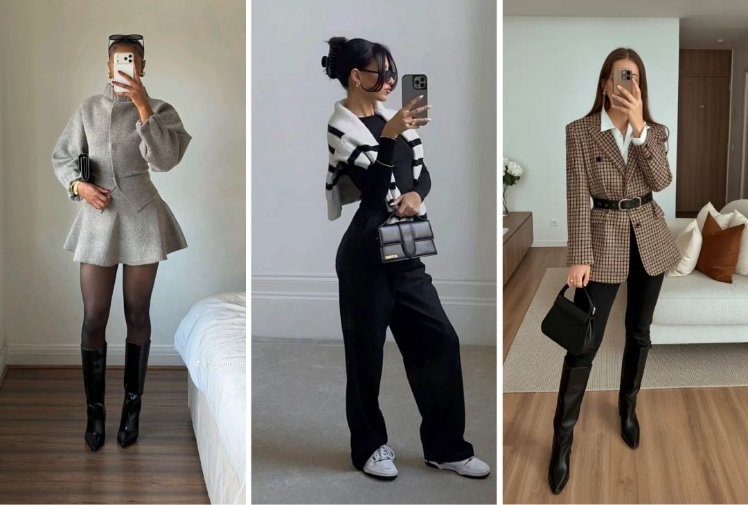 Trendy fall outfit inspiration featuring a grey wool mini dress with knee-high boots, an all-black casual chic jumpsuit with a striped sweater, and a classy belted plaid blazer outfit for autumn fashion.