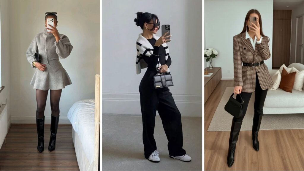 Trendy fall outfit inspiration featuring a grey wool mini dress with knee-high boots, an all-black casual chic jumpsuit with a striped sweater, and a classy belted plaid blazer outfit for autumn fashion.